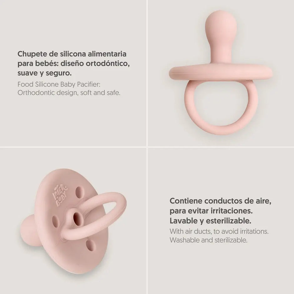 Produktübersicht des altrosa Silikon Schnullers von Interbaby mit orthopädischem Saugteil, Belüftungsöffnungen, sterilisierbar, BPA-frei und aus 100 % lebensmittelechtem Silikon.