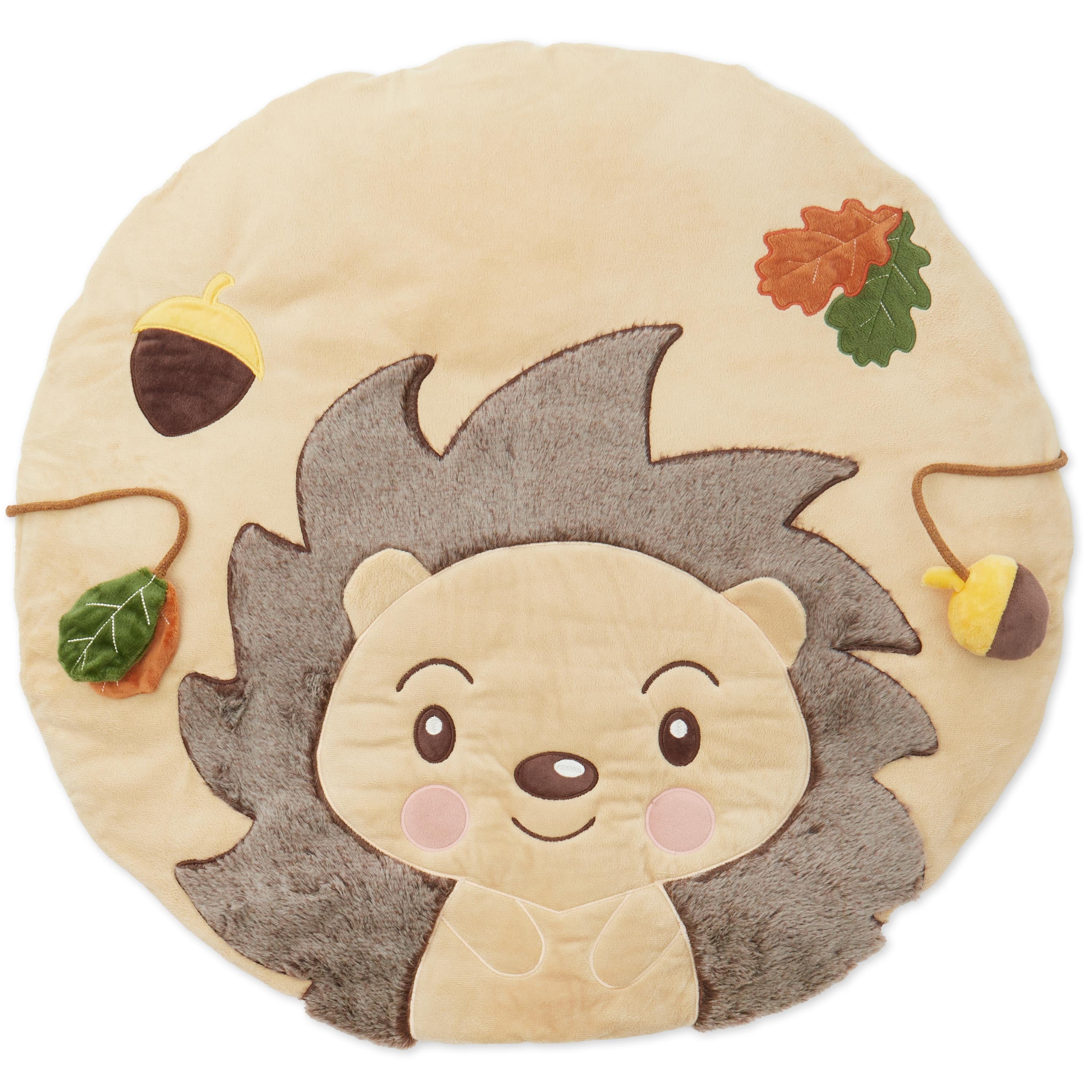 Runde Baby Spieldecke Igel Piksi mit Herbstmotiven, Eicheln und Blättern