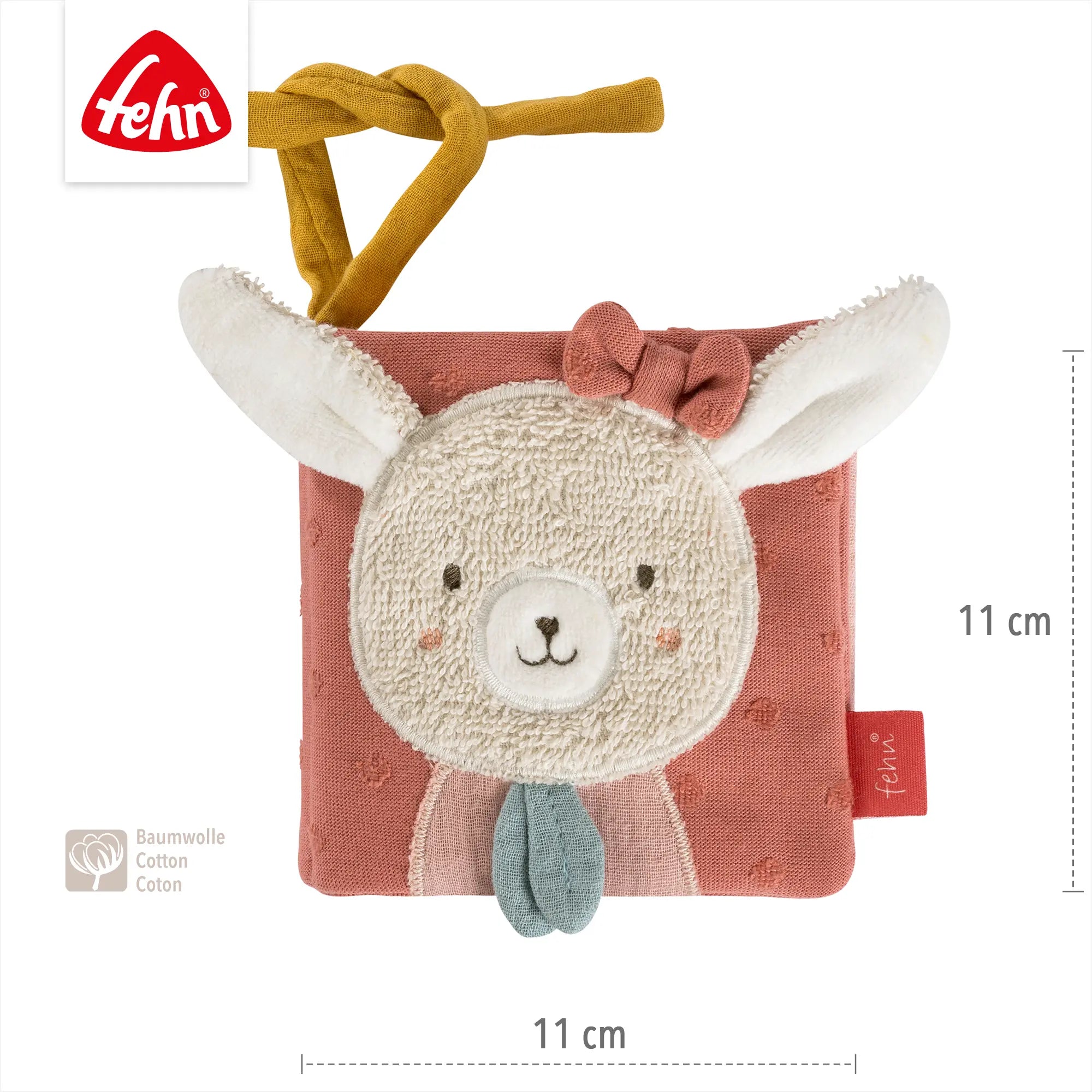Baby Stoffbuch Hase rosa – Fühlbuch mit Schlaufe, Größe ca. 11 x 11 cm, aus weicher Baumwolle