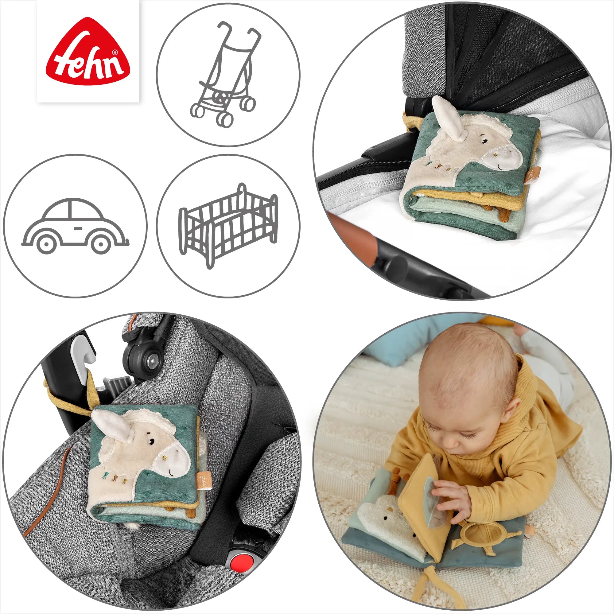 Baby Stoffbuch Pferd natur für unterwegs und zuhause – geeignet für Kinderwagen, Autositz und Babybett