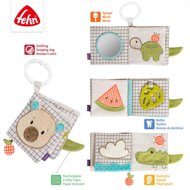 Stoffbuch Capybara für Babys mit Spiegel, Beißring, Knisterpapier und Greifelementen zur Förderung von Motorik und Sinne