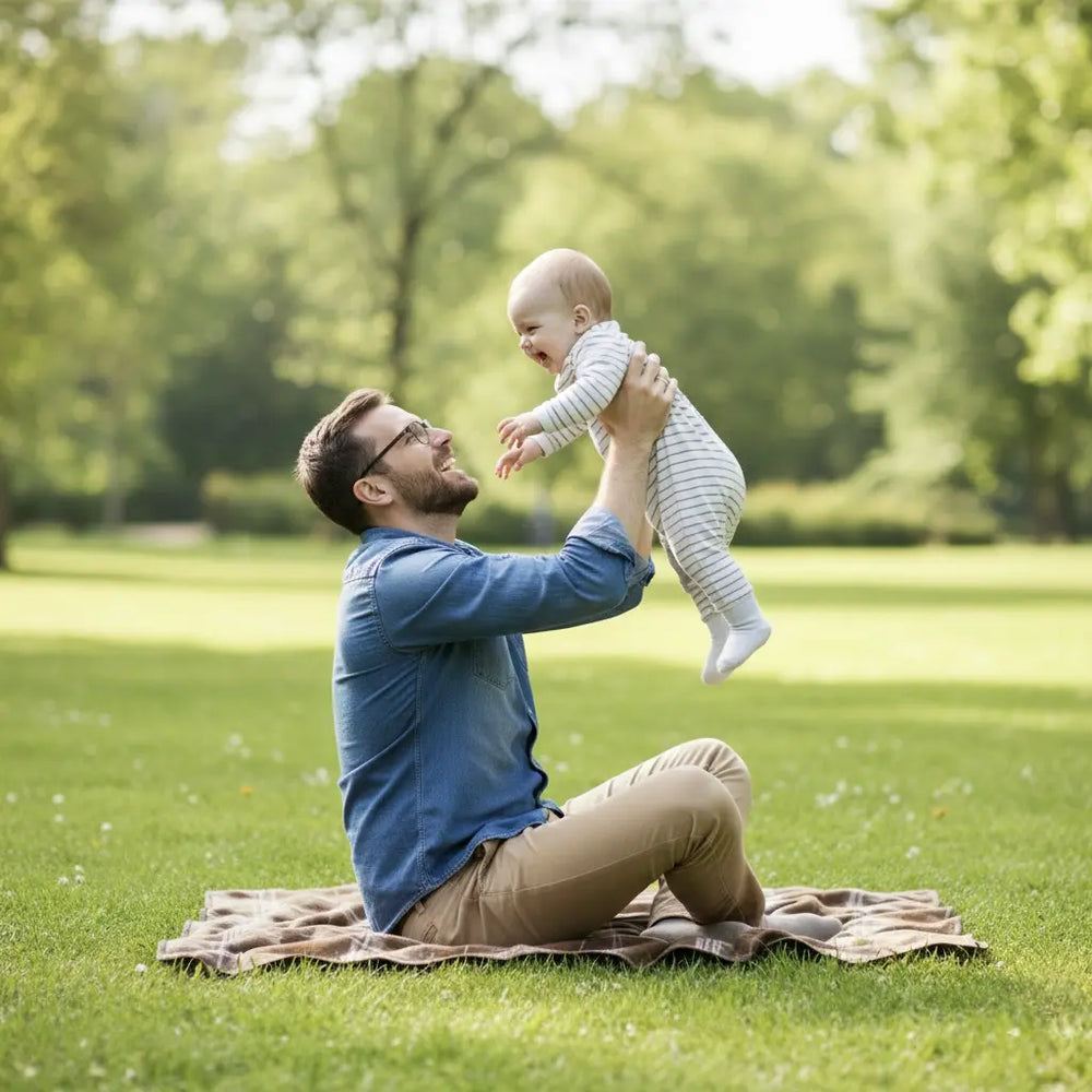 Ein lachender Vater sitzt auf einer Decke im grünen Gras und hebt sein freudiges Baby spielerisch in die Luft