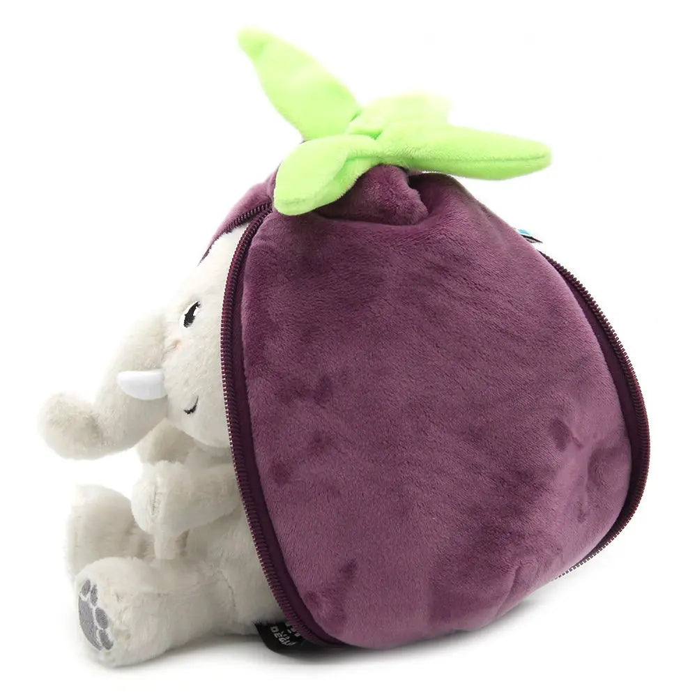 2-in-1 Plüschtier Aubergine mit Elefant – halb geöffnetes Kuscheltier für Kinder