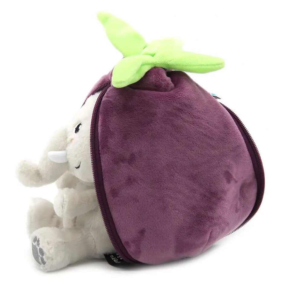 2-in-1 Plüschtier Aubergine mit Elefant – halb geöffnetes Kuscheltier für Kinder