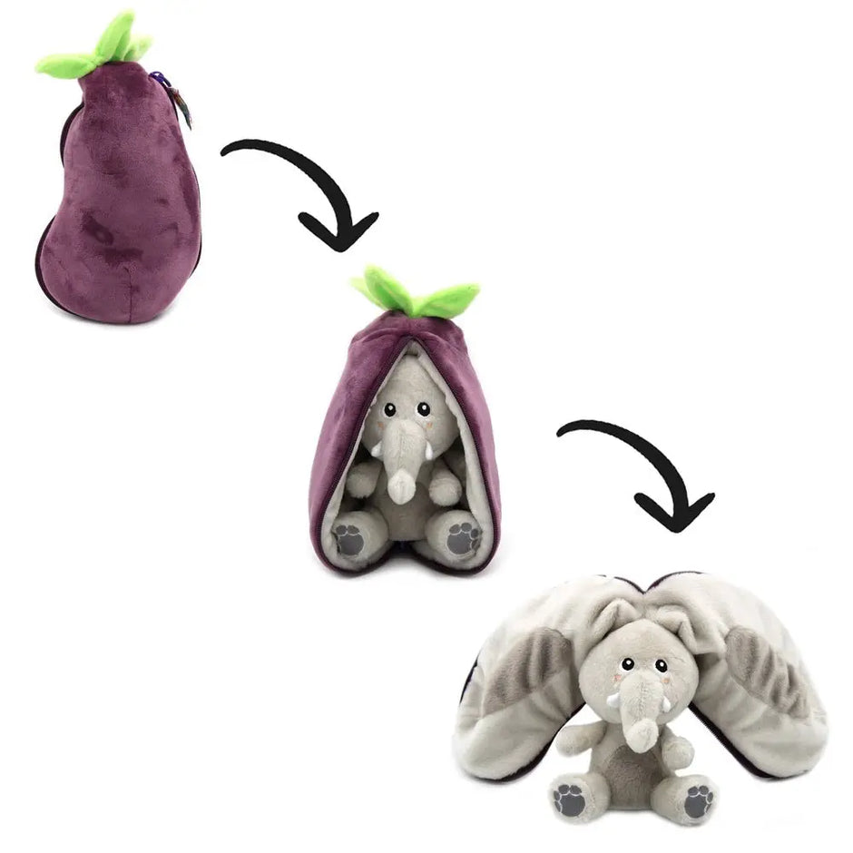 2-in-1 Plüschtier Aubergine wird zum Elefant – verwandelbares Kuscheltier für Kinder