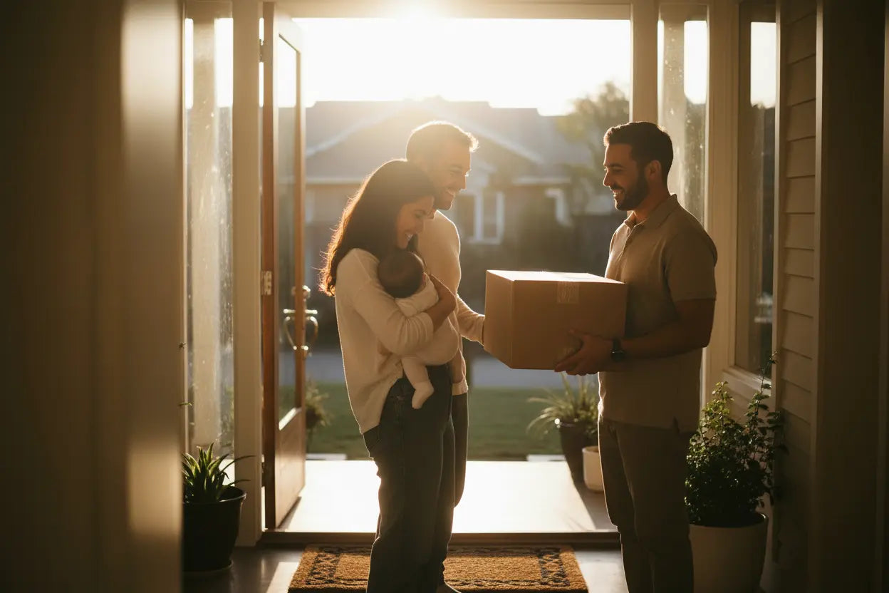 Familie mit Baby erhält Paket an der Haustür – schneller und sicherer Versand bei BabyLions®