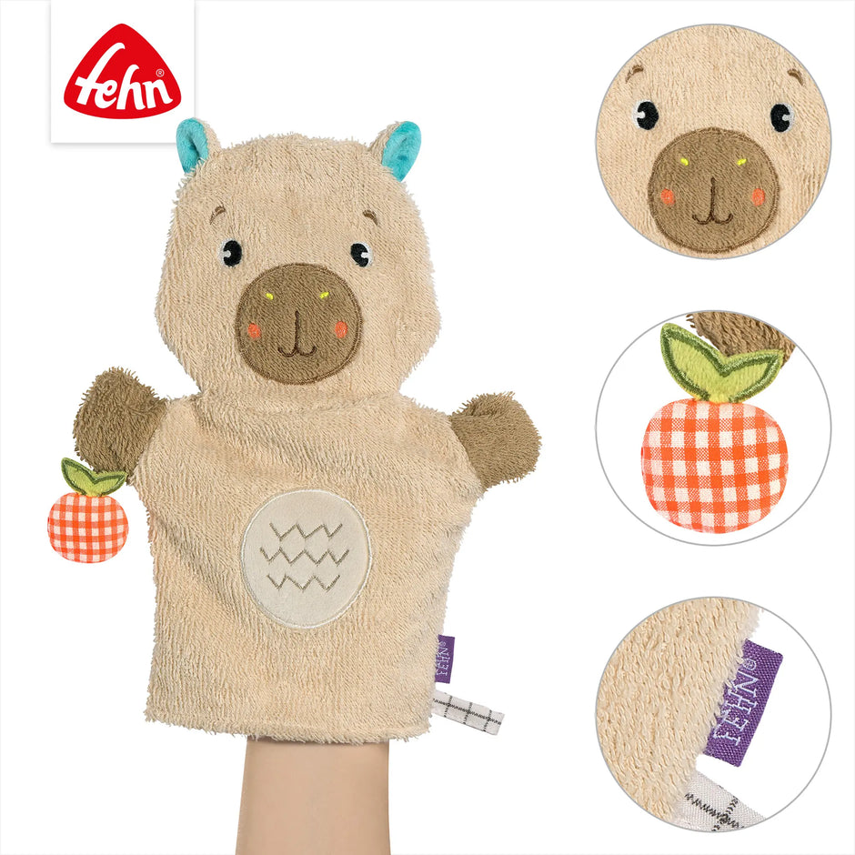 Baby Waschhandschuh Capybara Detailansicht aus weichem Frottee mit liebevollen Stickereien und hautfreundlichen Materialien